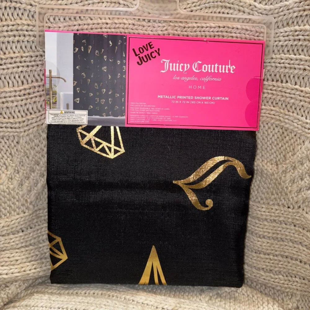 Juicy Couture Metallic Printed Shower Curtain - Black & Gold Diamonds - 72x72